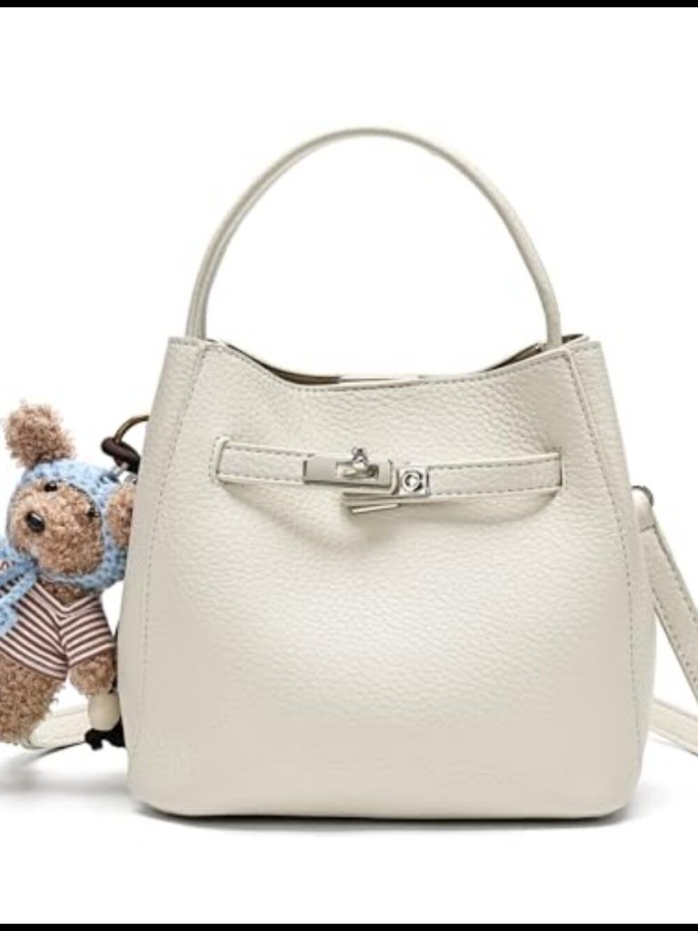 Pebbled Leather Bucket Crossbody Bag Twist Lock Shoulder Handbag